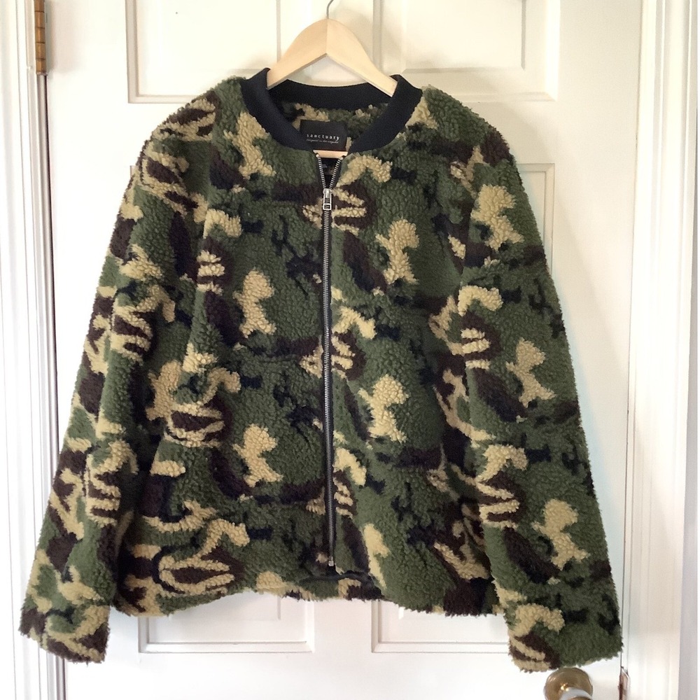 Sanctuary Camo Sherpa Jacket Full Zip‎ Cozy Military Style  Bomber Shacket XL